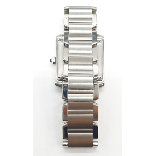 390 - Cartier tank watch with white face, Roman numerals and steel strap, automatic 30mm case