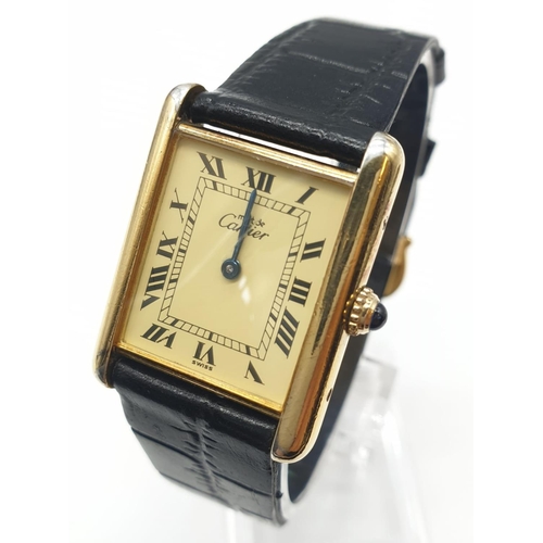 74 - Vintage Must de Cartier gents watch, tank quartz with leather strap, 25mm case.