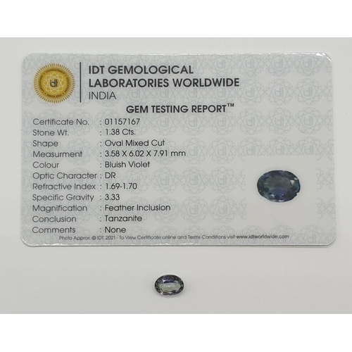 393 - 1.38ct  Tanzanite gemstone. Oval mixed cut. IDT certification included.