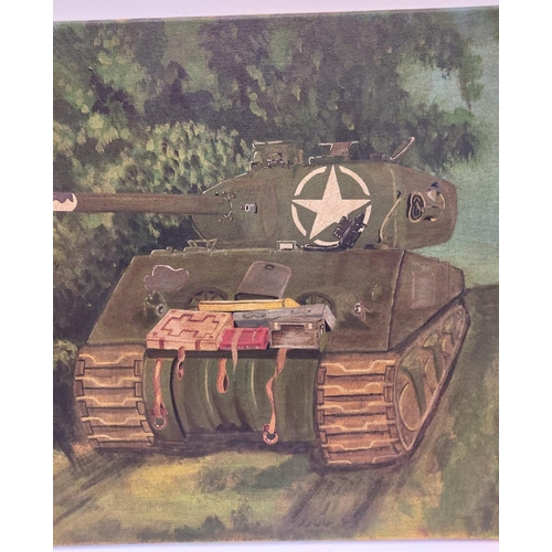 138 - Oil on canvas depicting a British Sherman Fire Fly Tank in Normandy. Unsigned.