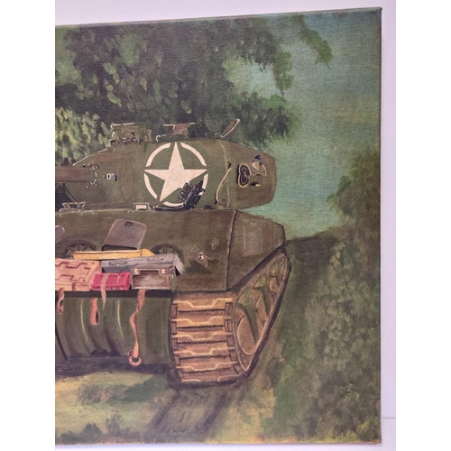 138 - Oil on canvas depicting a British Sherman Fire Fly Tank in Normandy. Unsigned.