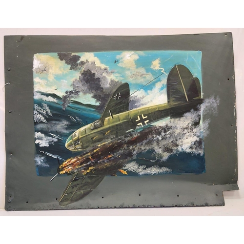 419 - Post War painting of a German Heinkel Bomber, painted on a Heinkel fragment that was shot down. Actu... 