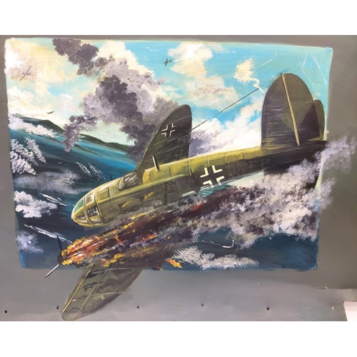 419 - Post War painting of a German Heinkel Bomber, painted on a Heinkel fragment that was shot down. Actu... 