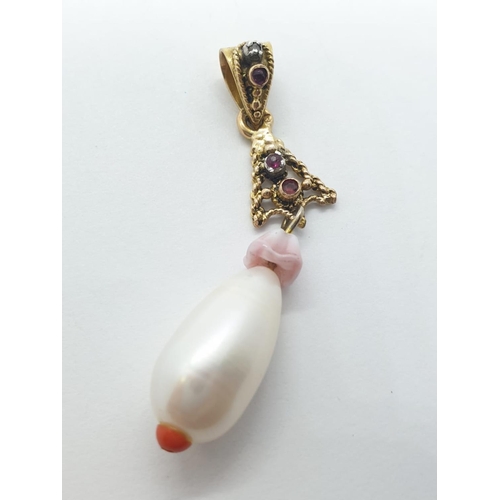 1001 - A 18ct rose gold diamond ruby and teardrop pearl pendant. 5.2g in weight, 4.5cm drop.