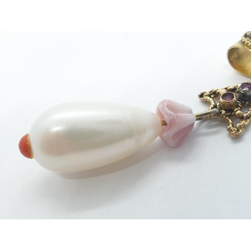 1001 - A 18ct rose gold diamond ruby and teardrop pearl pendant. 5.2g in weight, 4.5cm drop.