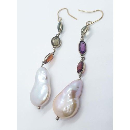 1004 - A pair of baroque pearl and tourmaline earrings. Weight 6.8g.