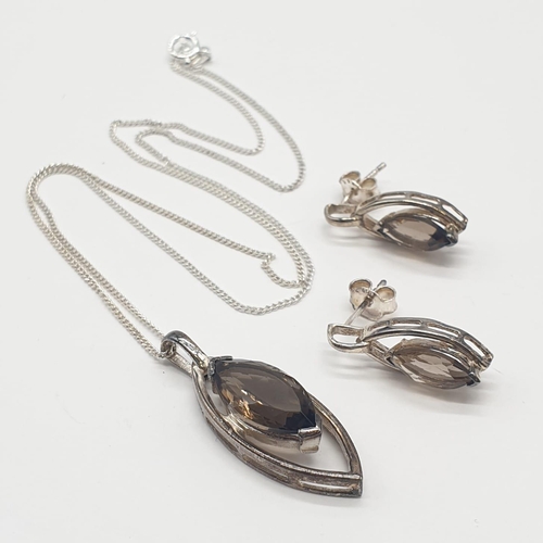 1008 - Silver necklace and earrings set with smokey quarts stones.