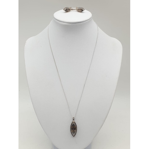 1008 - Silver necklace and earrings set with smokey quarts stones.