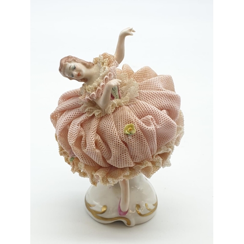 641 - Vintage Irish Dresden Lace 'Ninette' porcelain dancing ballerina figurine. 11cm high.