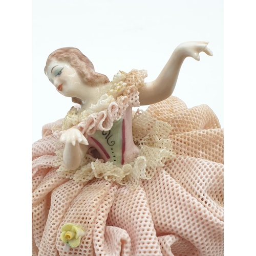 641 - Vintage Irish Dresden Lace 'Ninette' porcelain dancing ballerina figurine. 11cm high.