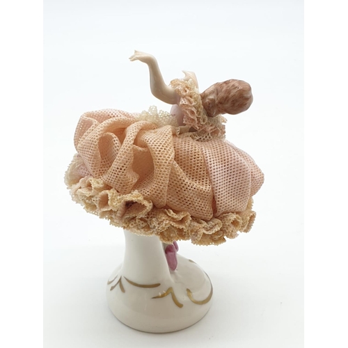 641 - Vintage Irish Dresden Lace 'Ninette' porcelain dancing ballerina figurine. 11cm high.