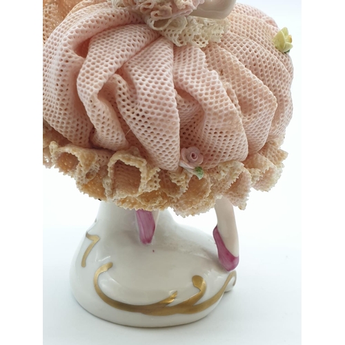 641 - Vintage Irish Dresden Lace 'Ninette' porcelain dancing ballerina figurine. 11cm high.