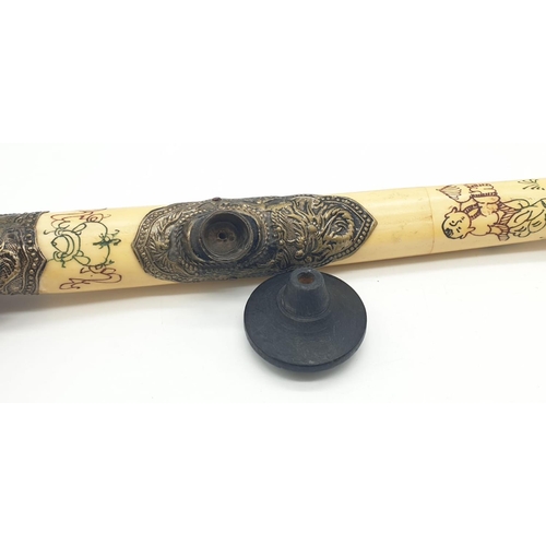 85 - An antique Chinese opium pipe, made of water buffalo bone,  on a custom  made base made of wood and ... 