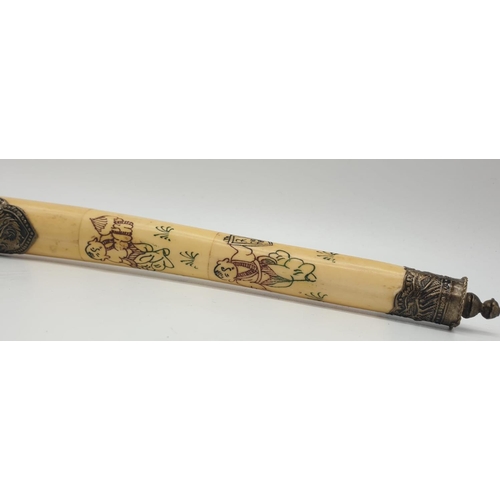 85 - An antique Chinese opium pipe, made of water buffalo bone,  on a custom  made base made of wood and ... 