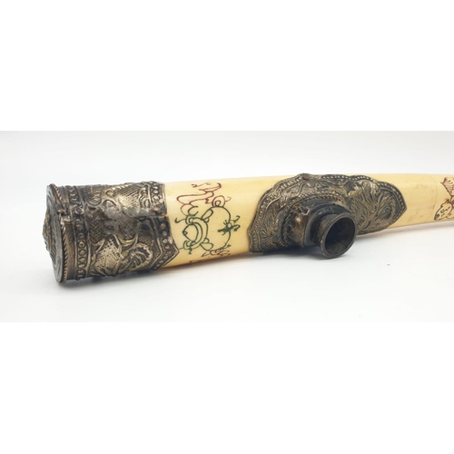 85 - An antique Chinese opium pipe, made of water buffalo bone,  on a custom  made base made of wood and ... 