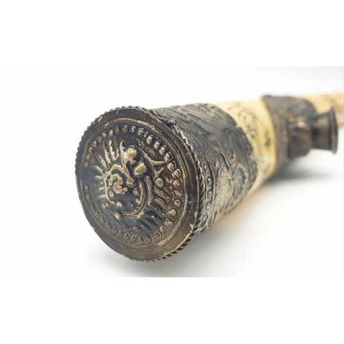 85 - An antique Chinese opium pipe, made of water buffalo bone,  on a custom  made base made of wood and ... 