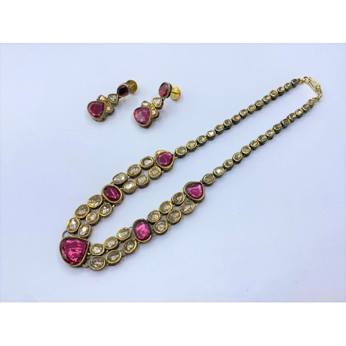 704 - 18k Indian set of Ruby and Rose Diamonds NECKLACE (40cm) and EARRINGS.   68g.