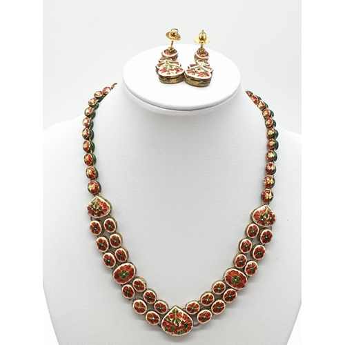 704 - 18k Indian set of Ruby and Rose Diamonds NECKLACE (40cm) and EARRINGS.   68g.