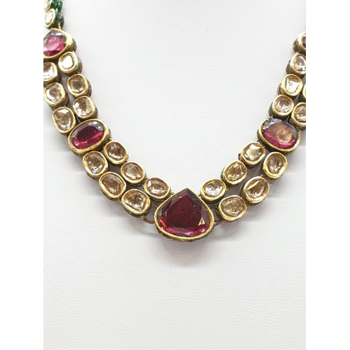 704 - 18k Indian set of Ruby and Rose Diamonds NECKLACE (40cm) and EARRINGS.   68g.