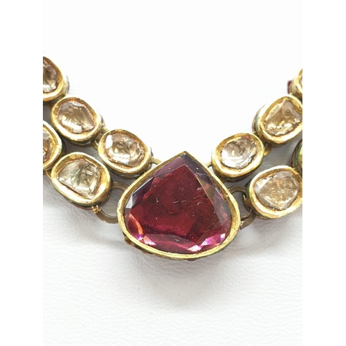 704 - 18k Indian set of Ruby and Rose Diamonds NECKLACE (40cm) and EARRINGS.   68g.