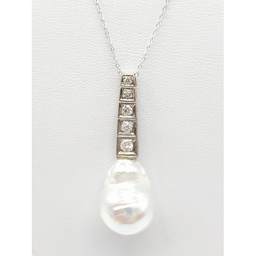 726 - South Sea Pearl  PENDANT with diamonds and platinum on 9ct gold chain.  8.3g   42cm