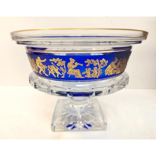 106 - A circa 1930's Val St Lambert borodine cobalt cased crystal pedestal bowl with gold danse de flore f... 