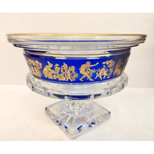 106 - A circa 1930's Val St Lambert borodine cobalt cased crystal pedestal bowl with gold danse de flore f... 