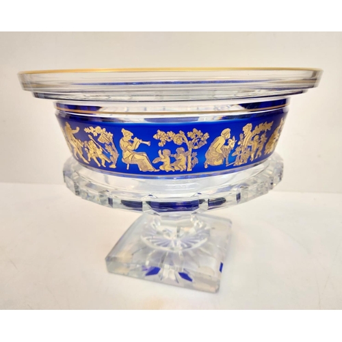 106 - A circa 1930's Val St Lambert borodine cobalt cased crystal pedestal bowl with gold danse de flore f... 