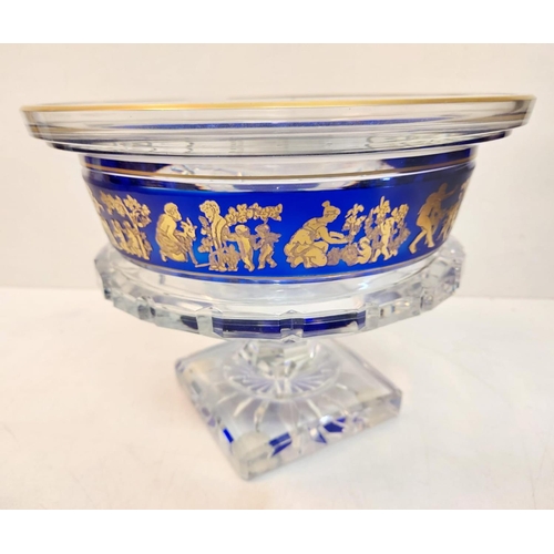 106 - A circa 1930's Val St Lambert borodine cobalt cased crystal pedestal bowl with gold danse de flore f... 