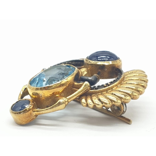 176 - Unusual Rare 925 Silver Gold Plated Scarab Brooch with 7.60ct Blue Topaz and 6.15ct Blue Sapphire. T... 