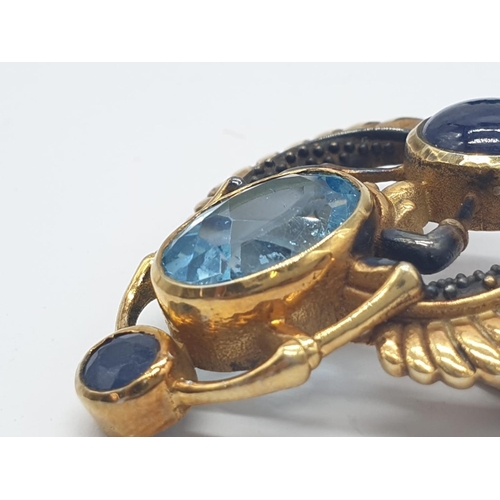 176 - Unusual Rare 925 Silver Gold Plated Scarab Brooch with 7.60ct Blue Topaz and 6.15ct Blue Sapphire. T... 