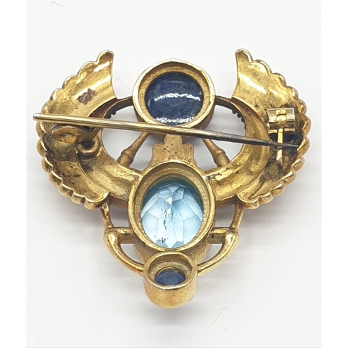 176 - Unusual Rare 925 Silver Gold Plated Scarab Brooch with 7.60ct Blue Topaz and 6.15ct Blue Sapphire. T... 