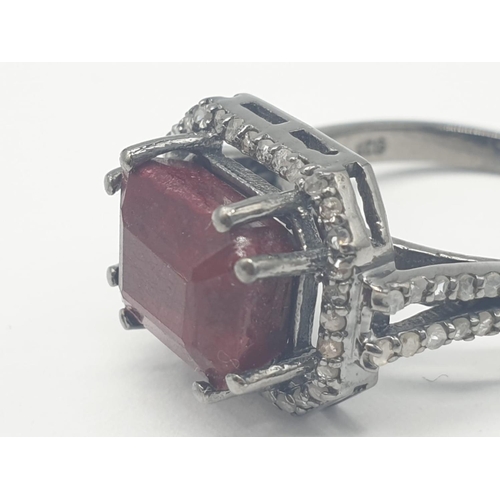 232 - Ruby Gemstone Ring 925 Oxidised Silver with 6.75ct Stone and 0.55ct Diamonds. Size P. Total weight 5... 