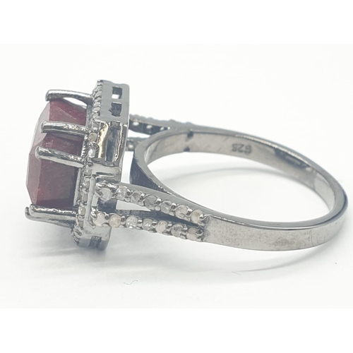 232 - Ruby Gemstone Ring 925 Oxidised Silver with 6.75ct Stone and 0.55ct Diamonds. Size P. Total weight 5... 