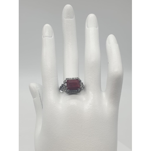 232 - Ruby Gemstone Ring 925 Oxidised Silver with 6.75ct Stone and 0.55ct Diamonds. Size P. Total weight 5... 