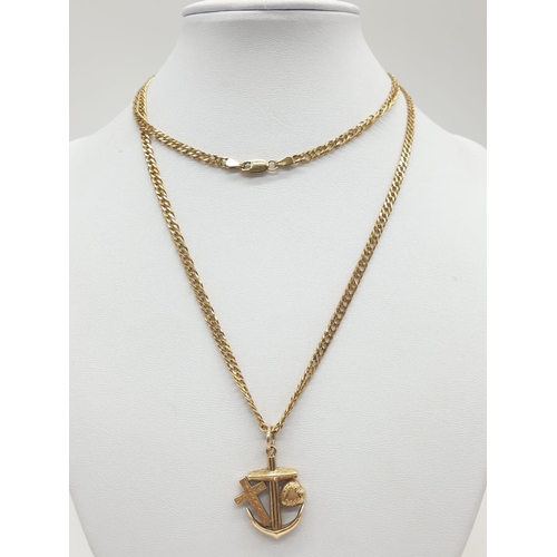 450 - 9CT gold chain attached to an anchor/cross/heart pendant, weight 16g and 72cm long approx