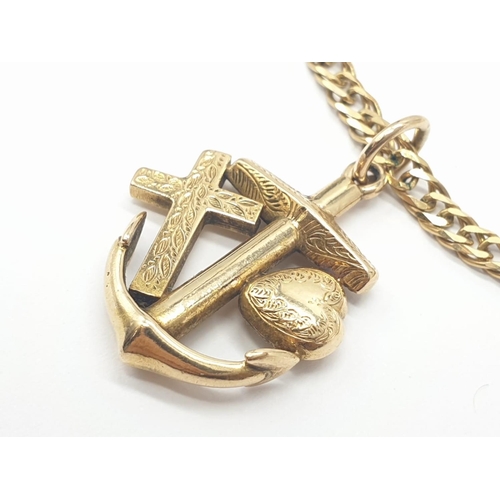 450 - 9CT gold chain attached to an anchor/cross/heart pendant, weight 16g and 72cm long approx