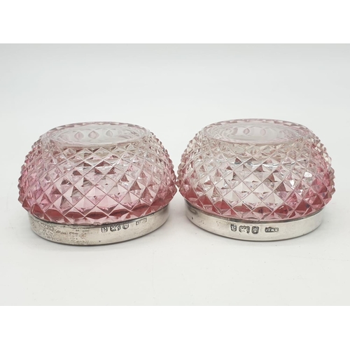 457 - 2x extraordinary rose tinted cut glass miniature pots topped with hallmarked silver collars, 6x3cm (... 