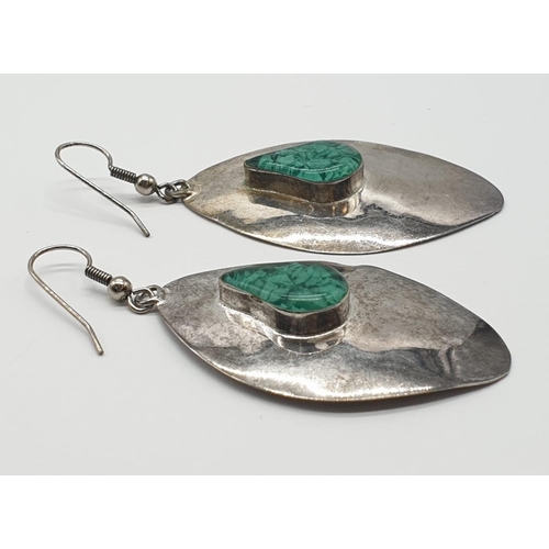 440 - Pair of silver and jade earrings, 6cm drop.