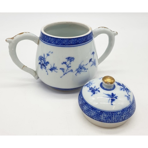 102 - Antique Japanese Seto ware TEA SET - tea pot, sugar & creamer in white and blue floral decorative de... 