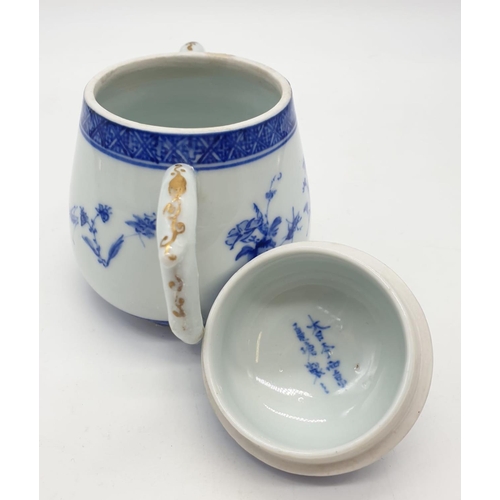 102 - Antique Japanese Seto ware TEA SET - tea pot, sugar & creamer in white and blue floral decorative de... 