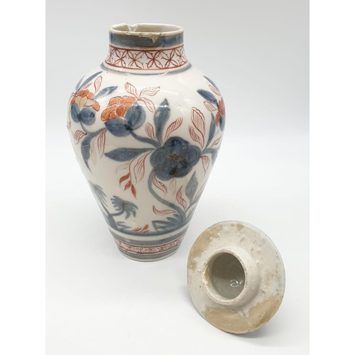 109 - Early Chinese ginger jar with lid, hand painted floral design with some cracked damage at mouth of j... 