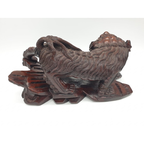 254 - Chinese wood carved FOO LION & CUB, 28cm width