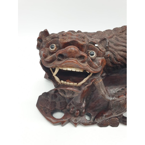 254 - Chinese wood carved FOO LION & CUB, 28cm width