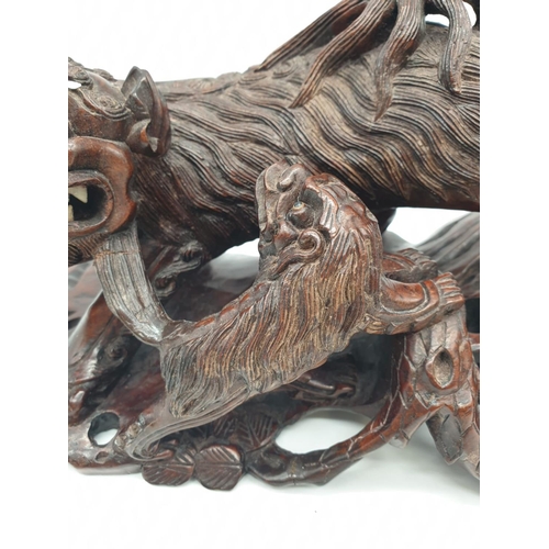 254 - Chinese wood carved FOO LION & CUB, 28cm width