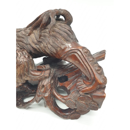 254 - Chinese wood carved FOO LION & CUB, 28cm width