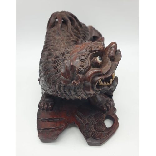 254 - Chinese wood carved FOO LION & CUB, 28cm width