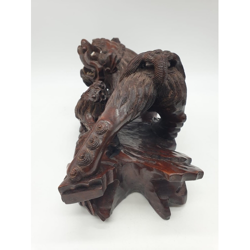 254 - Chinese wood carved FOO LION & CUB, 28cm width