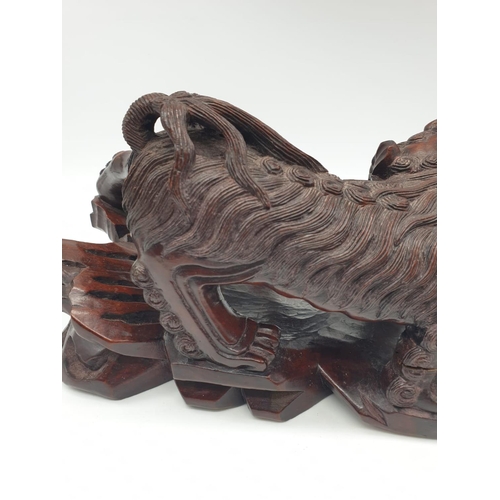 254 - Chinese wood carved FOO LION & CUB, 28cm width