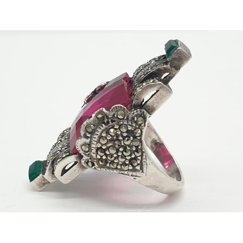 301 - Art deco style silver ring with large red stone, weight 10.7g and size J